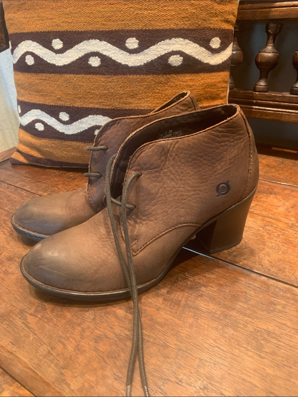 Born Brown Leather Lace-Up Ankle Booties with Block Heel, No Box